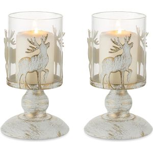 Allecto Plus - Set van 2 Distressed Stag Kaarsenhouders - Vintage Herten Pijler Kaarshouder - Rendieren Theelichthouders voor Kerst - Tafel Middelpunt - Mantel - Open haard - Eetkamer - Woonkamer - Thuis Ornament