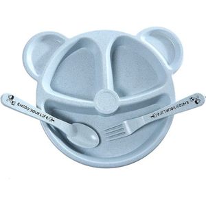 Baby Servies - Vakjesbord - Kinder Bestek - Vork - Lepel - Oefenbestek - Blauw - Tarwestro - Duurzaam