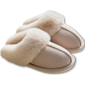 Pantoffels Dames en Heren Fluffy Open Sloffen met Pluche Voering Antislip Zool – Heavency ® - Beige - Maat 38/39