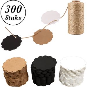 300x Stuks Kraft Karton Labels met 50m Jute Touw - Kartonnen Cadeaulabels met Gaatje en Koord - Bruine, Zwarte & Witte Etiketten - Kraftpapier Naamkaartjes - Blanco Prijskaartjes\Prijslabels met Koortje - 6 cm