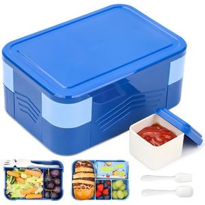 Broodtrommel voor kinderen met vakken, 1550 ml, lunchbox voor kinderen, lekvrij, met 6 vakken en bestek, Bento Box, lunchbox, voor meisjes en jongens, ontbijtbox, snackbox voor kleuterschool, BPA-vrij, blauw