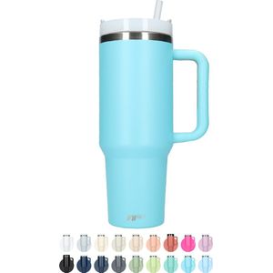 Thermos drinkbeker tumbler 1.2L met handvat en rietje - Vacu�üm geïsoleerde drinkfles - Dubbelwandige waterfles - Koffiebeker - Travel mug - Thermosbeker to go - Thermoskan ideaal voor warm en koud weer - 1200 ML - Licht Blauw