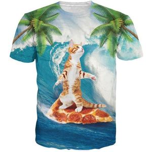 Kat surfend op een pizza - Pizza kat surfer Festival shirt - Maat: XL - Crew neck - Feestkleding - Festival Outfit - Fout Feest - T-shirt voor festivals - Rave party kleding - Rave outfit - Kattenshirt - Nineties