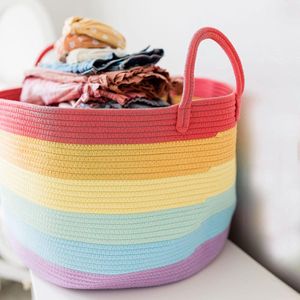 Regenboog Extra Grote Katoenen Touw Opbergmand Met Handvatten 50x33cm Kleurrijke Eenhoorn Decor Kinderen Speelgoed Opbergmanden voor Organiseren | Regenboog Mand voor Klaslokaal Organisatie