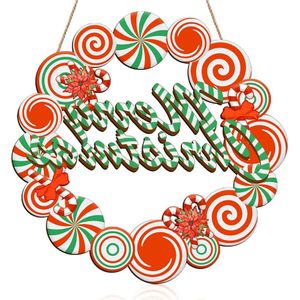 Hanger Sign Merry Christmas Candy Cane Wreath Door Decor Xmas - Winter Hanging Wood Decoration.