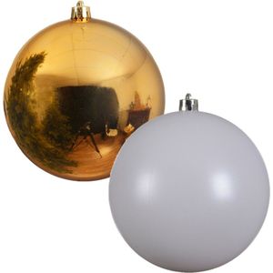 2x stuks grote kerstballen van 20 cm glans van kunststof goud en wit - Kerstversiering