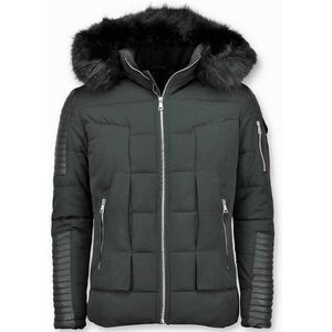 Enos Korte Heren Winterjas – Met Faux Bontkraag – Zwart Heren Winterjas Heren Jas Maat XL