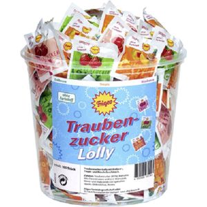 Frigeo glucose lolly met aardbei, tropische & kersen smaak, 100 stuks à 7,5 g 100 stuks blik