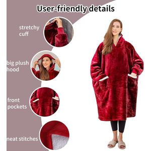 Hoodiedeken met mouwen, oversized draagbare knuffeldeken met capuchon, deken om aan te trekken, voor dames en volwassenen, rood, warme dikke mouwdeken, 130 x 82 cm, heren als cadeau