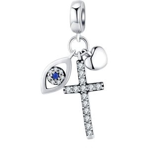 Kruis oog hartje dangle bedel | bedels voor armband | bescherming bead | bedels beads cadeau | Zilverana | geschikt voor alle bekende merken | 925 zilver | moederdag