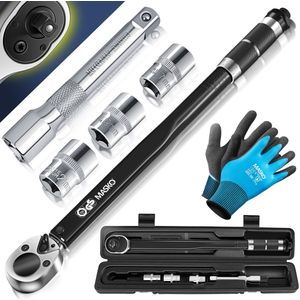 MASKO® Momentsleutel 1/2"" /momentsleutel 6-delig set 40-210Nm 1/2 ' CV incl. 3 doppen 17mm, 19mm, 21mm en verlengstuk 125mm incl. koffer +/- 4% tolerantie bandensleutel auto momentsleutel 6-delige - Zwart