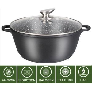 Hakal Line - Marmer soep/braadpan - Met glazen deksel zwart - 24 CM - Geschikt voor alle warmtebronnen.