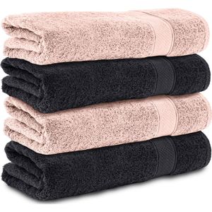 Komfortec handdoeken – Set van 4 - Badhanddoek 70x140 cm - 100% Katoen – Roze&Zwart