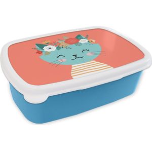 Broodtrommel Blauw - Lunchbox - Brooddoos - Kat - Bloemen - Roze - 18x12x6 cm - Kinderen - Jongen