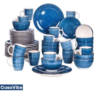 CasaVibe Luxe Serviesset – 48 delig – 12 persoons – Porselein - Bordenset – Dinner platen – Dessertborden - Kommen - Mokken - Set - Blauw - Wit