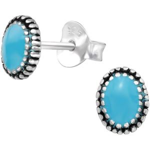 Joy|S - Zilveren classic ovale oorbellen - 5 x 6 mm - blauw turquiose - geoxideerd