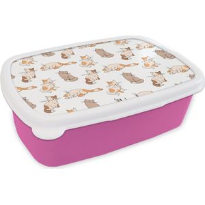 Broodtrommel Roze - Lunchbox - Brooddoos - Patroon - Kat - Kitten - Jongens - Meisjes - Kinderen - Kids - 18x12x6 cm - Kinderen - Meisje