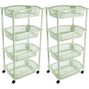 2x stuks keuken opberg trolleys/roltafels met 4 manden 86 x 41 cm mintgroen- Etagewagentje met opbergkratten