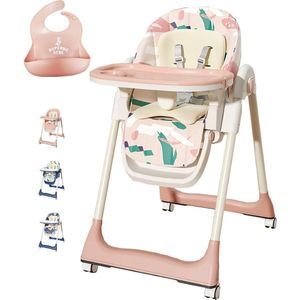 Babystoel - kinderstoel - babystoel - slabbetje van siliconen als cadeau - in hoogte verstelbaar - afneembaar dienblad - 4 zwenkwielen - comfortabele pasvorm - afneembare en gemakkelijk wasbare overtrek
