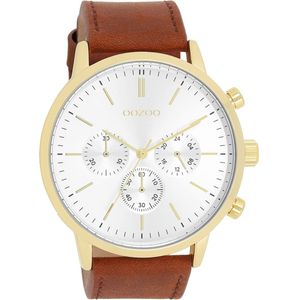 OOZOO Timepieces - Goudkleurige OOZOO horloge met bruine leren band - C11201