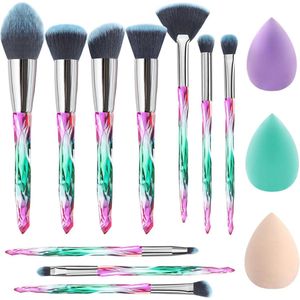 Make-up Borstel Set met 15 Stukken en Kristal Handvatten - Compleet met Schoonheid Spons en Borstel Ei