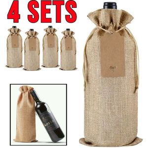 4 SETS Jute Wijnfles Zakken - Set Wijnzakken met Hangers en Touw Wijn Cadeau Verpakking - 4 Sets %%
