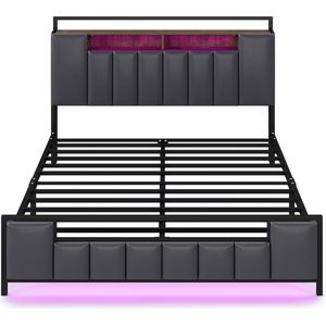 Merax Tweepersoonsbed 140x200 cm in Kunstleer Gestoffeerd - Multifunctioneel Bed met LED-verlichting en USB-aansluiting Bedframe met Opbergruimte - Grijs