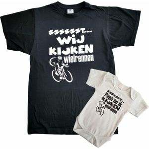 Set t-shirt en romper met ""Sssssst... Wij kijken wielrennen"" en ""Sssssst... Papa en ik kijken wielrennen"" - maat t-shirt XL - maat romper 68 - vaderdag, cadeautje, kraamcadeau, grappig, geschenk, baby, tekst