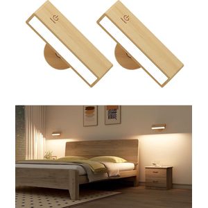 LED batterij wandlamp binnen 2 stuks hout, wandlamp zonder stroomaansluiting, wandlamp draadloos dimbaar touch control, lamp zonder boren, 360 draaibaar magnetisch voor slaapkamer woonkamer