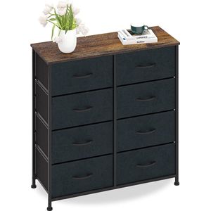 Commode met 8 laden, suède, stoffen kast, dressoir, vintage highboard, metaal, multifunctionele kast, organizer, tv-kast, klein, keuken, slaapkamer, kantoor, woonkamer, zwart + grijs hout + staal