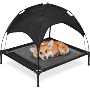 Relaxdays hondenstretcher met zonnedak - verhoogd hondenbed buiten - honden ligbed camping