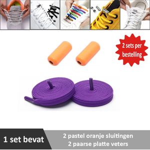 2 paar paarse platte elastische veters met pastel oranje sluitingen. Je hoeft voortaan nooit meer je veters te strikken.