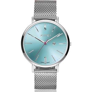 Zinzi Retro horloge blauw-groen gekleurde wijzerplaat en kast stalen mesh band 38mm extra dun ZIW411M