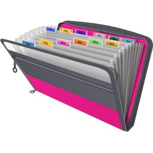 Accordian File Organizer met rits, 13 zakken uitbreiden bestandsmap, 5 kleuren, Accordeon Zip Document Organisers met Tabs, A4 archiefmappen, Uitbreidbare map Organiser Box File Portemonnee, Roze