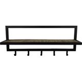 HSM Collection-Wandkapstok 5 Haken Met Plank-66x17x28-Naturel/Zwart-Acacia/Metaal
