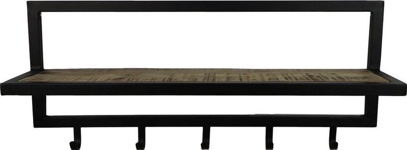 HSM Collection-Wandkapstok 5 Haken Met Plank-66x17x28-Naturel/Zwart-Acacia/Metaal