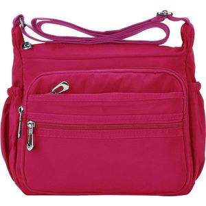 Schoudertas voor dames, nylon, lichtgewicht, waterdicht, meerdere zakken, schoudertas met ritssluiting, 2 maten, roze, allemaal