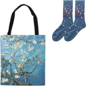 Vincent van Gogh Amandelbloesem Set Stoffen Draagtas en Amandelbloesem sokken (Maat 35 - 42) - Opvouwbare boodschappentas - Shopper - Linnen Canvas Polyester - Schoudertas - Strandtas.