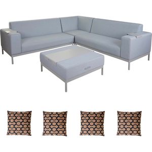 Cosmo Casa Aluminium Tuinset - Sofa - Buitengebruik - Stof/Textiel - Blauw - Met Plank - Bruin Kussen