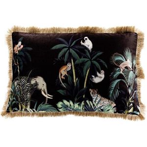 Sierkussen - Fluweel Jungle Olifant Gouden Franjes - Multicolor - 60 Cm X 40 Cm