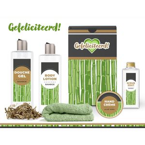 Geschenkset ""Gefeliciteerd"" - 5 producten - 700 gram | Giftset voor haar - Luxe wellness cadeaubox - Cadeau vrouw - Set Gefeliciteerd - Geschenk jarige - Cadeaupakket moeder - Oma - Vriendin - Zus - Verjaardagscadeau - Geslaagd - Bamboe