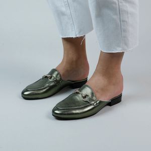 Manfield - Dames - Groene metallic leren muiltjes - Maat 37