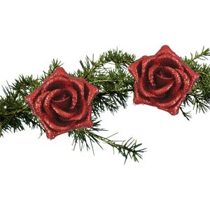 Kerstboom bloemen op clip - 2x stuks - rood - kunststof - 8 cm