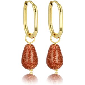 *Goudkleurige oorbellen met Gold Sand Stone edelsteen - 30 mm lang - Speelse combinatie van goudkleurige ovalen oorbel en peervormige Gold Sand Stone hanger - Met luxe cadeauverpakking