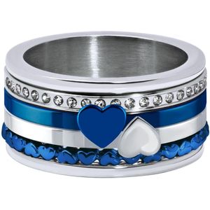 Quiges Dames Stapelring Set RVS Harten Verzilverd met Blauw - Maat 18 - Hoogte 8mm - SRS00818