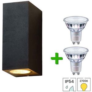 Buitenlamp - Wandlamp buiten - Badkamerlamp - Cannes - Zwart - IP54 + 2 x Philips CorePro GU10 LED spot - 3.5 watt - 2700K warm wit