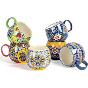 Cappuccino kopjes set 600ml porseleinen koffiekopjes met handvat 6 stuks voor thee koffie melk cappuccino - Boheemse stijl met patroon kleurrijk koffiekopjes set van 6