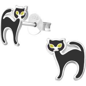 Joy|S - Zilveren kat poes oorbellen - zwart met gele oogjes - 8 mm - halloween - kinderoorbellen