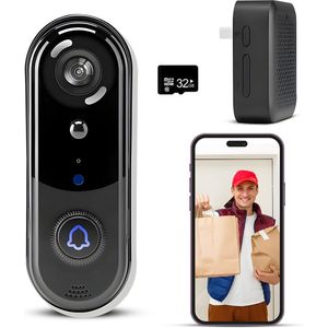 Azorix Slimme Draadloze Video Deurbel met camera - Incl. draadloze gong en 32GB SD-Kaart - 1080P Full HD - Deurbel Draadloos - Draadloze Deurbel met Accu - Deurbel - Waterdicht - Geen Abonnement - 2K Ultra HD
