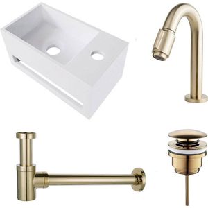 Diamond Line Yano - Fonteinset Rechts met Handdoekhouder - Wit - Solid Surface - Rechthoek - 36x20x16cm - Incl. Toiletkraan Clickwaste Sifon - Geborsteld Goud